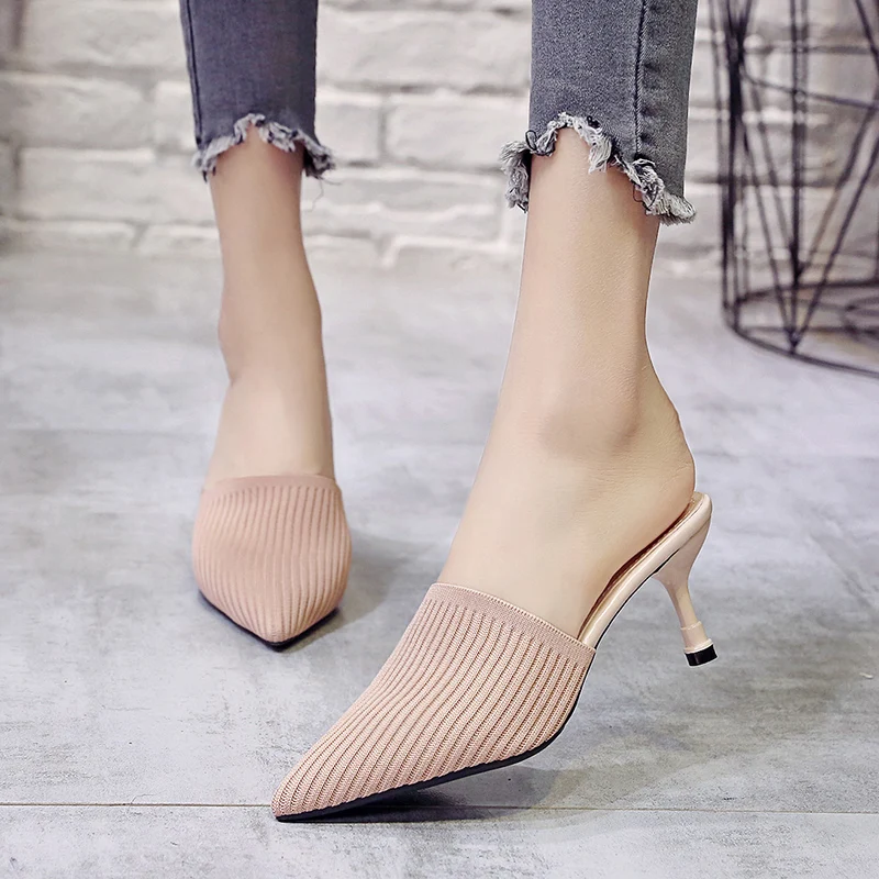 New Knitting Pointed Slipper Fashion Women Half Slippers Slides High-Heeled Stilettos Beige Mules Loafers Casual Slipper