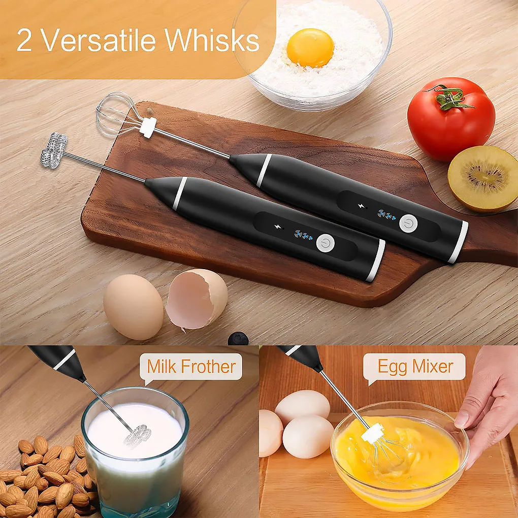 Electric Milk Frother Rechargeable Egg Beater 3 Speed Foam Maker Handheld Whisk Drinks Mixer, White