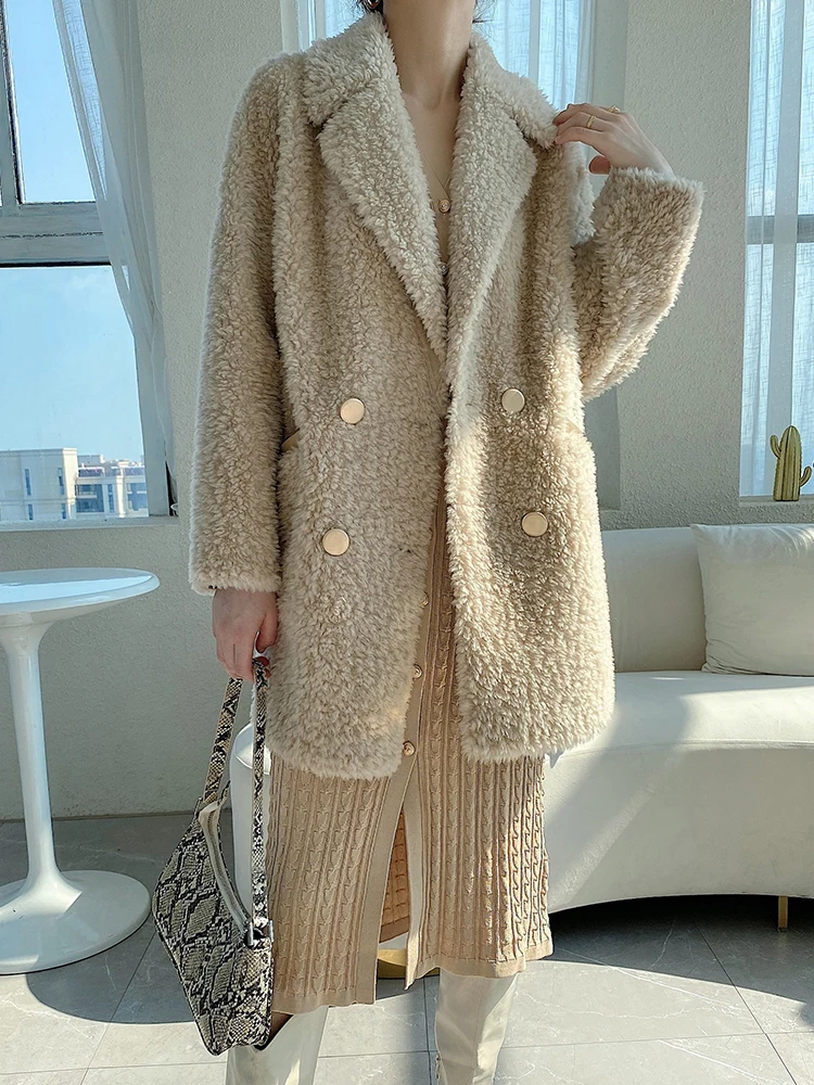 Women Fashion Natural Wool Fur Coat 2021 New Winter Warm Jacket Mid Length Shearling Jacket Woman Clothing