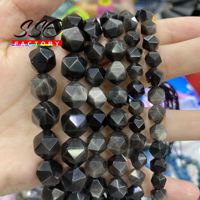 

Natural Silver Color Obsidian Round Beads Faceted Stone Loose Beads 6 8 10 mm For Jewelry Making DIY Bracelets Accessories 15"