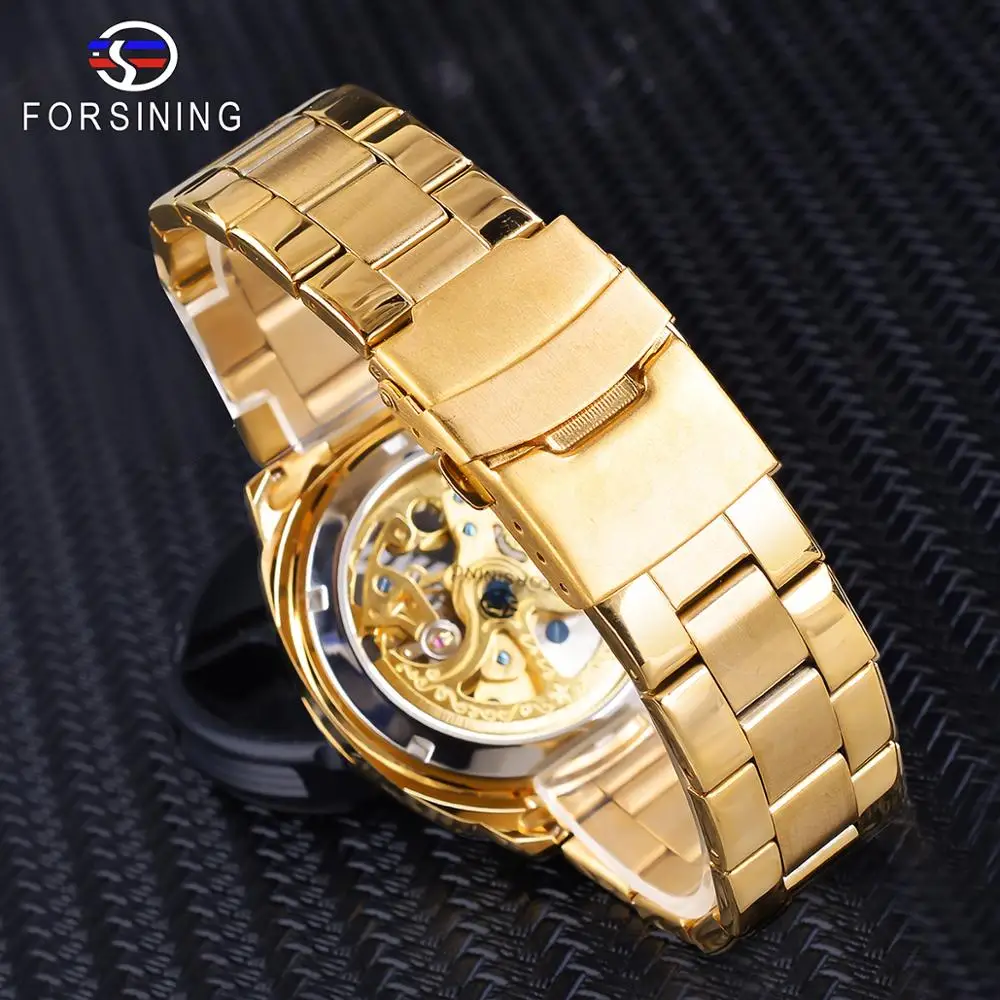 Forsining Fashion Transparent Retro Men\'s Automatic Mechanical Watch Top Brand Luxury Full Golden Luminous Hands Skeleton Clock