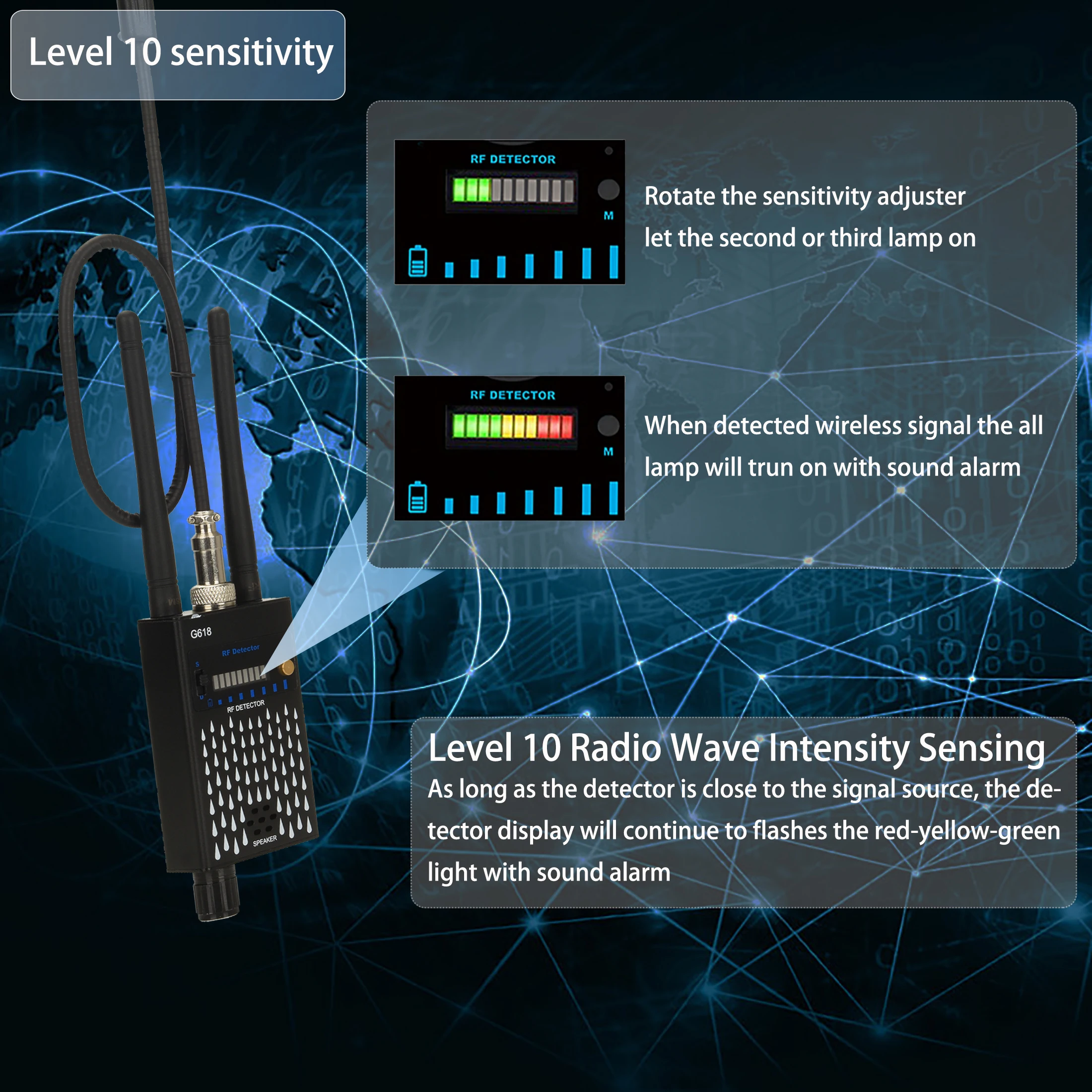 Detector de señal RF inalámbrico antiespía súper sensible, rastreador GSM GPS, buscador de lentes, cámara espía, escáner profesional