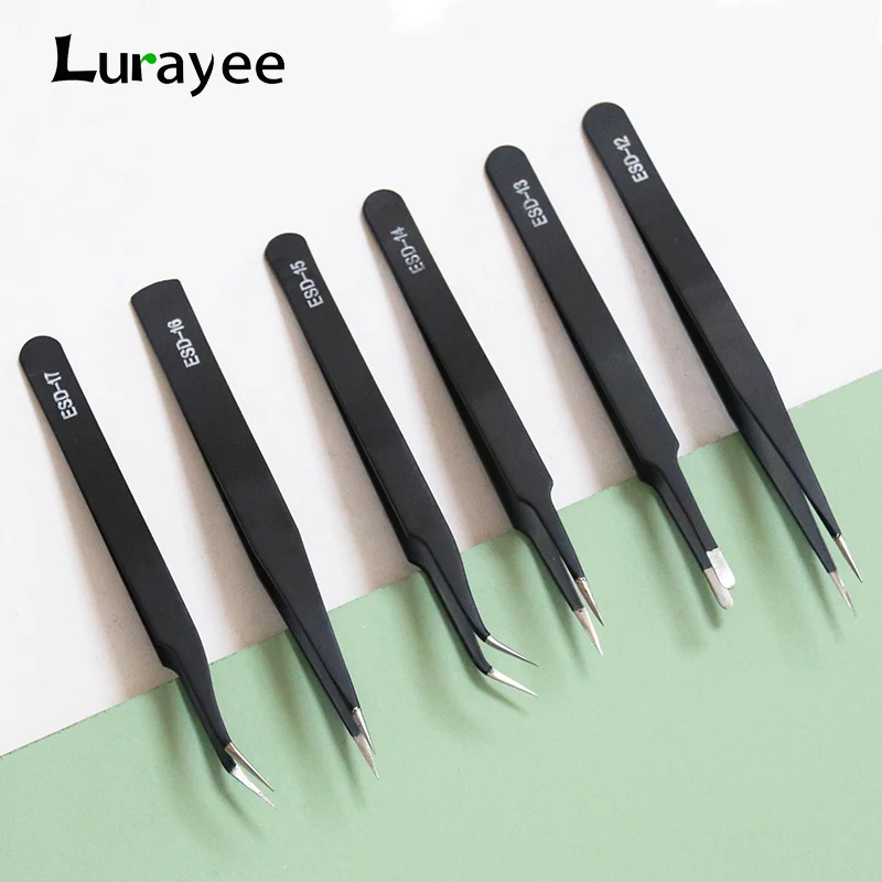 Lurayee High Precision Anti-Static Tweezers Straight Curved Eyebrow Nippers Nail Art Sticker Rhinestone Picking Tool