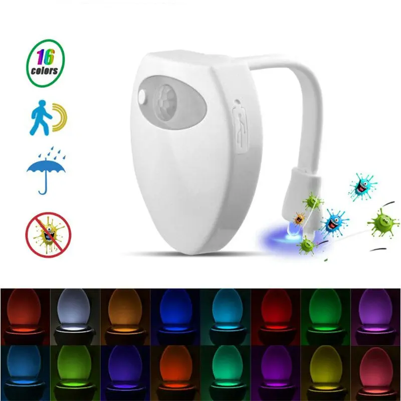 Luz LED con Sensor de movimiento para inodoro, recargable por USB, 16 colores cambiantes, luz nocturna para baño, interior, hogar