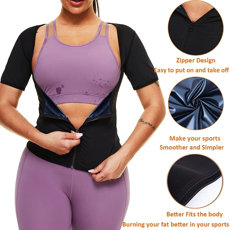 Women Sauna Vest Sweat Workout Shirt Zipper Compression Tank Top Heat Trapping Waist Trainer Body Shaper Fitness Shapewear Belt
