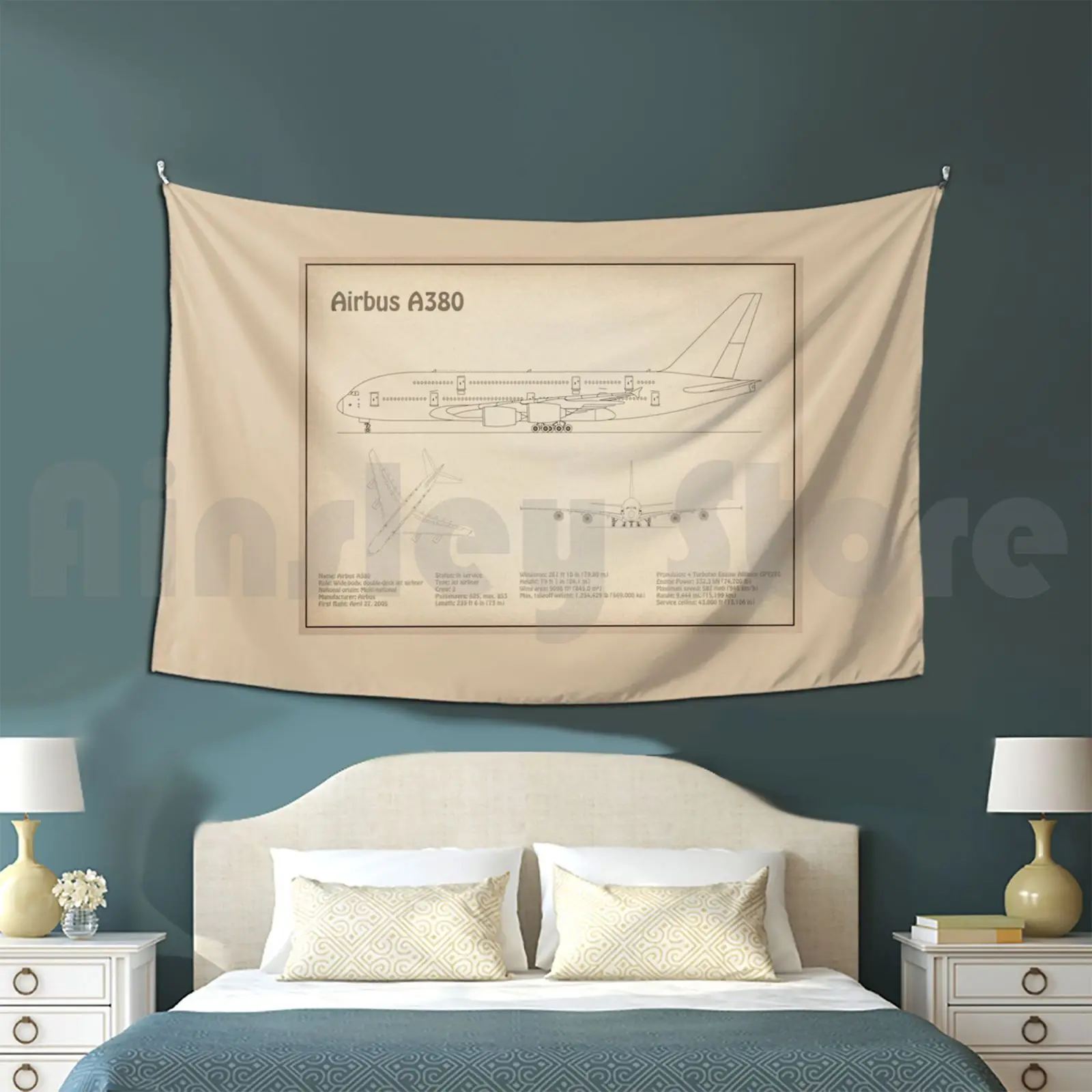 Airbus A380 Jet-Sd Tapestry Living Room Bedroom Airbus A380 A380 Airbus Airplane Commercial Jetliner Jumbo Passenger Plane