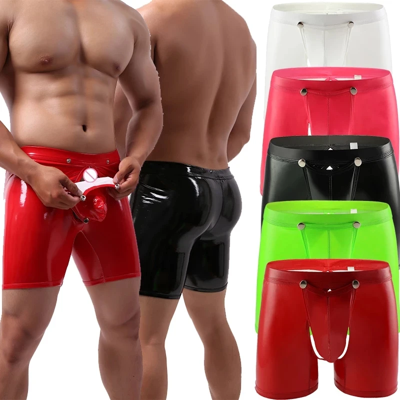 Mens Sexy cavallo aperto Casual Boxer in pelle per sesso maschile lattice pantaloni corti Crotchless Hot porno rigonfiamento sacchetto biancheria