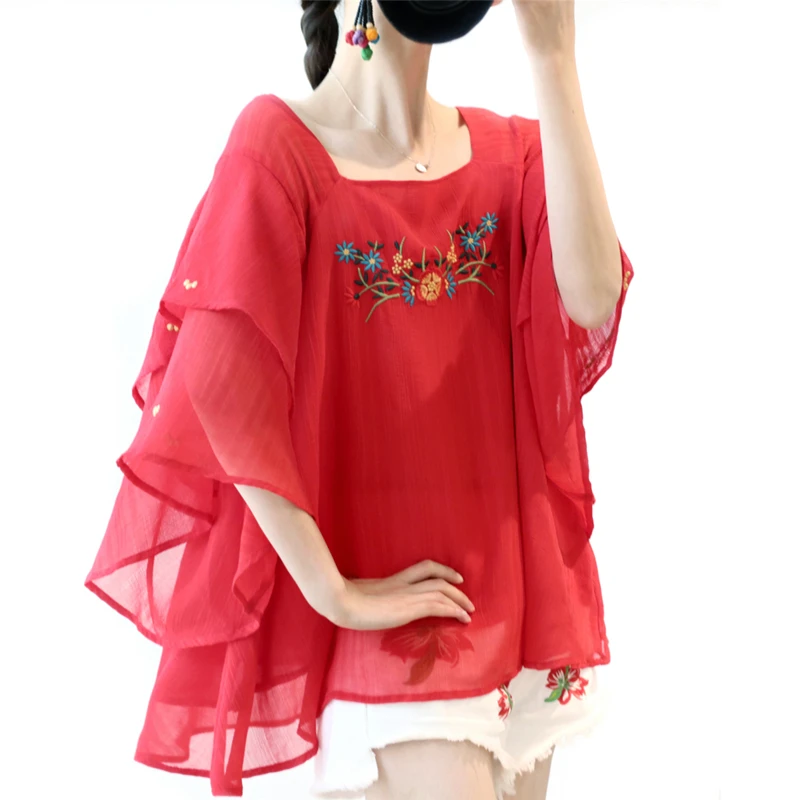 Blusa holgada informal de chifón para mujer, blusa bordada de gran tamaño, color rojo, Kawaii, estilo coreano