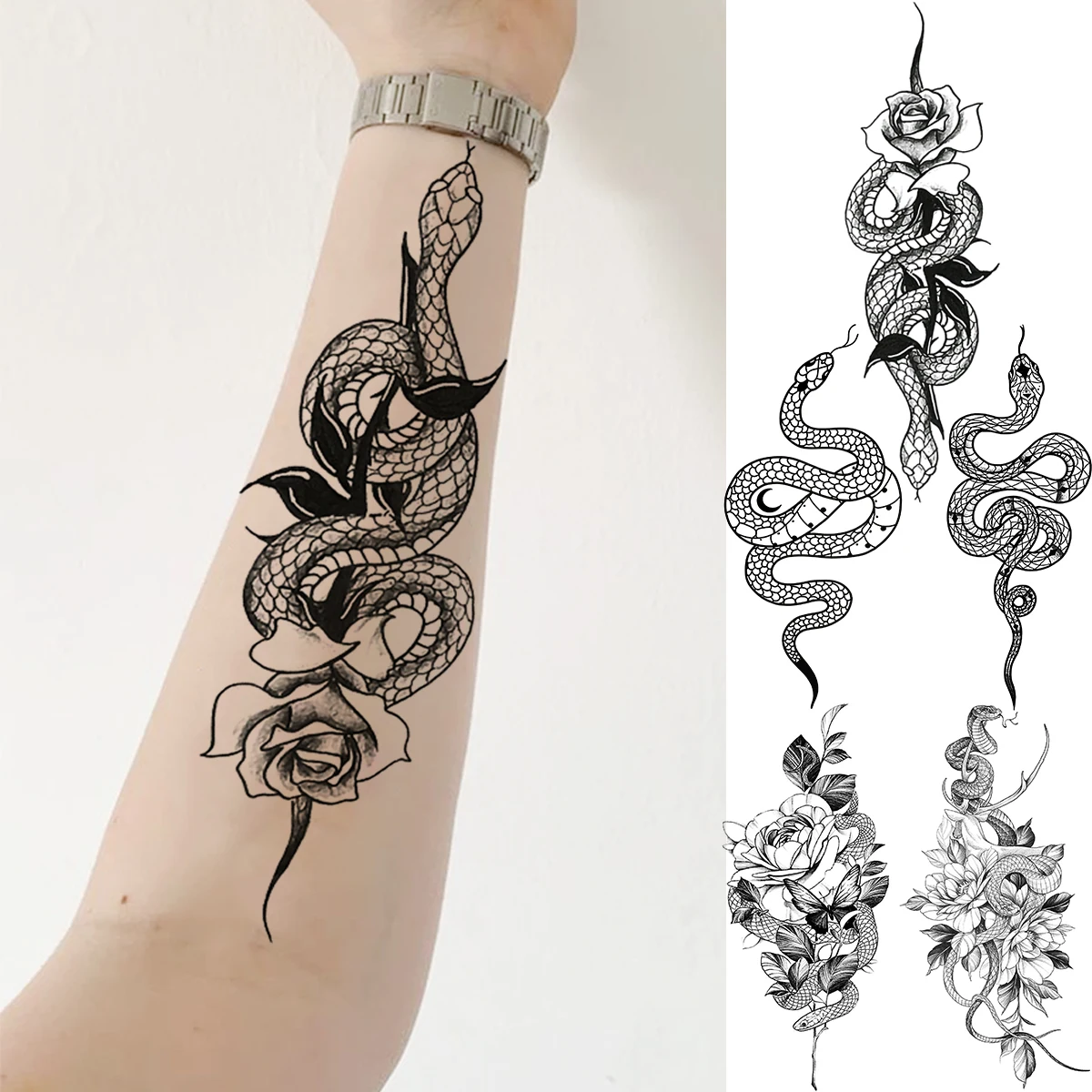 

Black Rose Flower Snake Temporary Tattoos For Women Adult Peony Serpent Fake Tattoo Forearm Body Art Painting Waterproof Tatoos