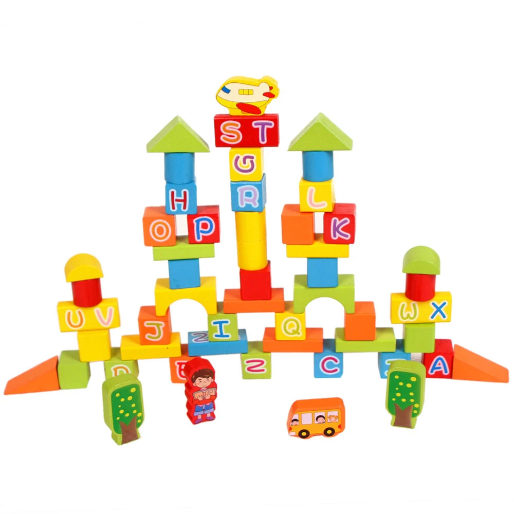 Wooden Building Blocks Set 53 pieces color wooden Children Toys educational Castle Blocks Kit Wood Stacking Cubes kids gift