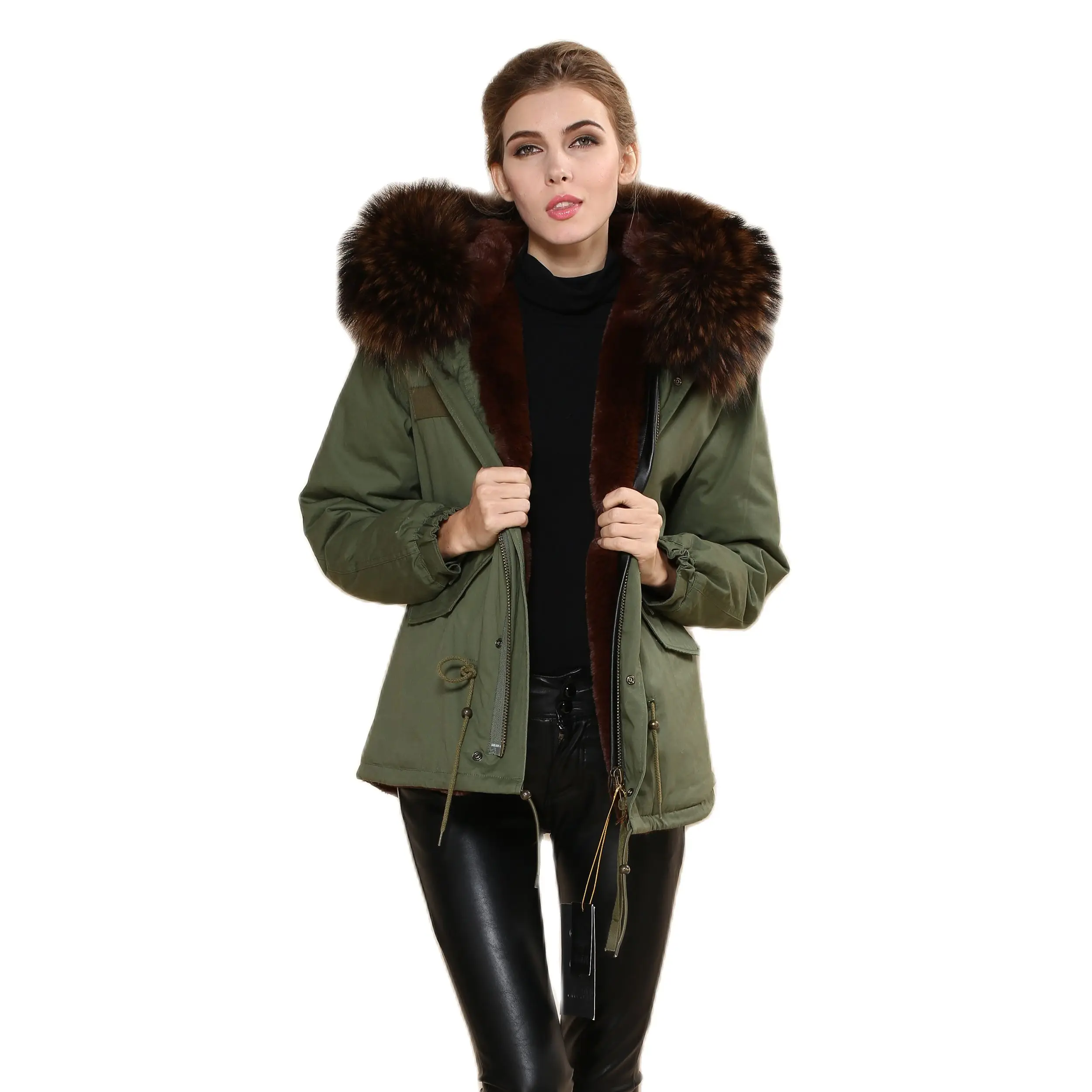 Grote Bruine Wasbeer Bontkraag Korte Uitloper Mrs Bruine Faux Fur Parka Winter Polulaire Jas