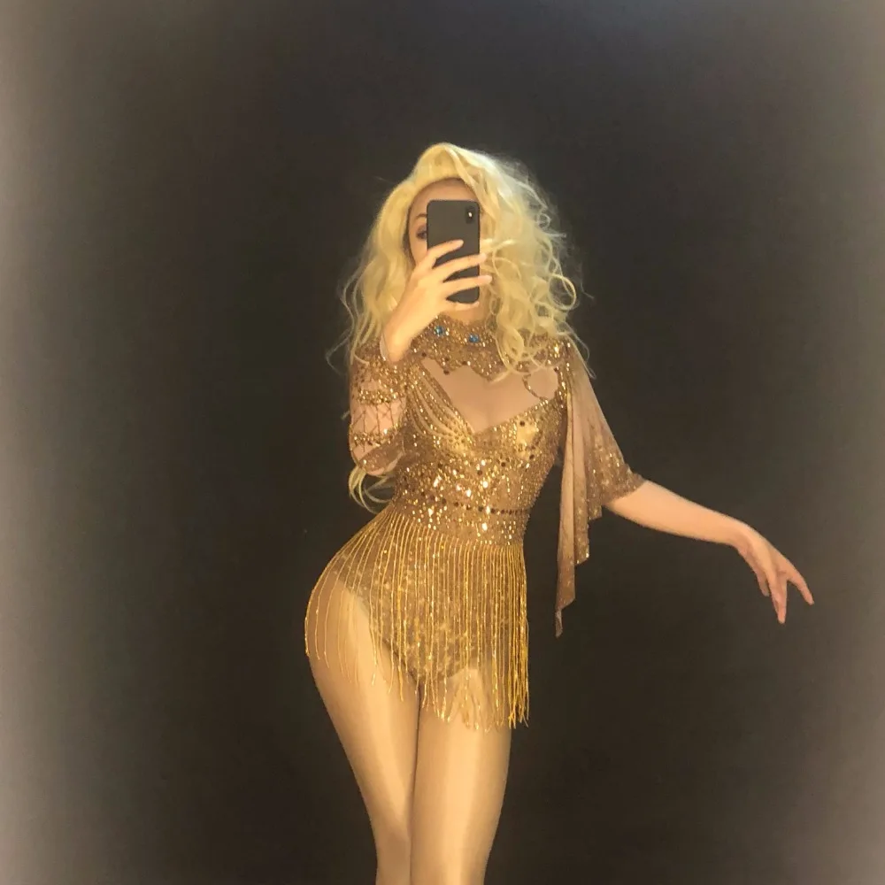 New Sparkly Sexy Gold Rhinestones Bodysuit Dance Costume Women Nightclub Outfit Birthday Party Wear Female Singer Stage Leotard