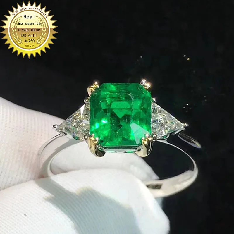 10K Gold ring Lab Created 2ct Emerald and Moissanite Diamond Ring With national certificate Em-0019