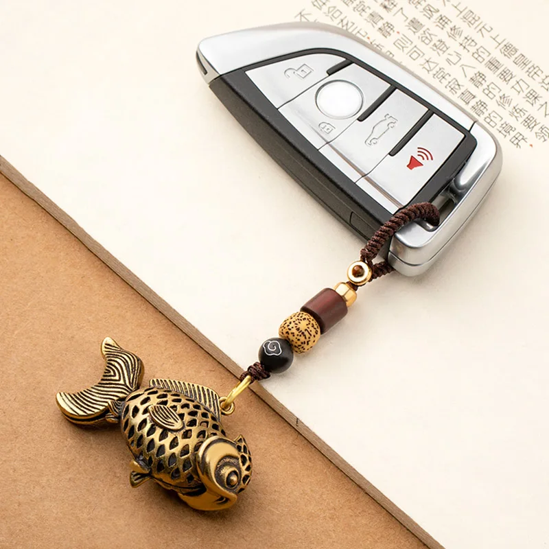 Retro Brass Lucky Fish Lanyard Pendant Hanging Jewelry Handmade Woven Rope Key Chains Charms Car Keychains Pendants for Necklace