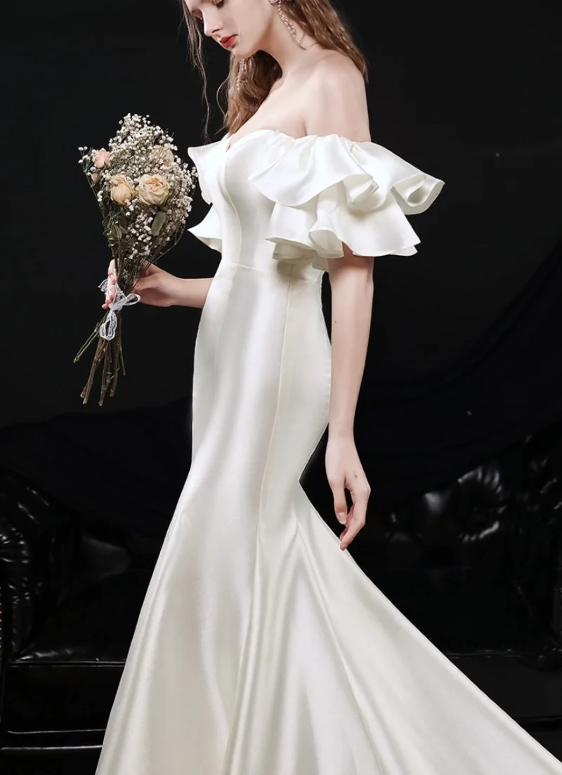 Robe de Mariée en Satin Élégante et Simple, Tenue Vintage à Manches Courtes et Traîne