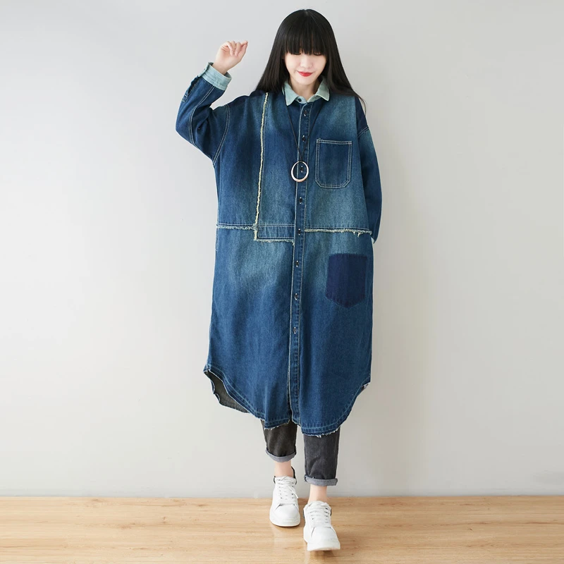 Women Oversized Long Denim Trench Big size Loose Patchwork cowboy Windbreakers Baggy Vintage Cardigan Long  Jean Outerwear