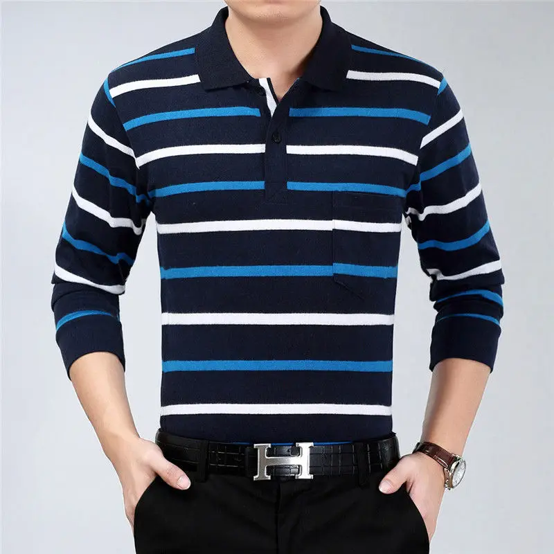 Long Sleeve Male Polo Shirt Work Wear Stripe Polo T Shirt For Men Tun Down Collar Autumn Winter Basic Office Clothes Casual