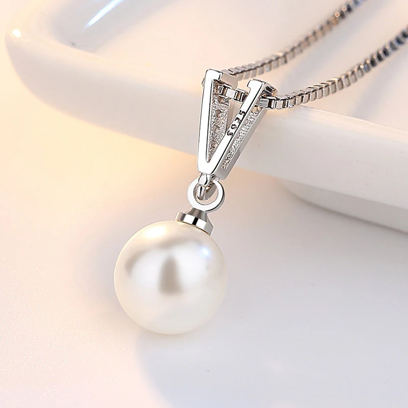 New 925 Sterling Silver Freshwater Pearl CZ Pendant Necklace Fine V Glyph Rhinestone Drop Necklaces Women Wedding Jewelry Gift