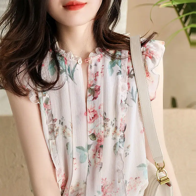 Women\'s Spring Summer Chiffon Blouses Shirt Women\'s Printed Sleeveless Button Ruffles Elegant Casual Tops