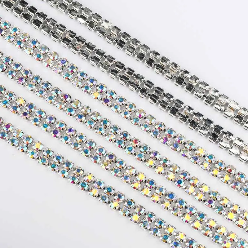 10 Yards Glitter Crystal/Roll Rhinestones Chain 2 Rows Silver Sew-On Glue-On Claw For Garment DIY Bag Accessories Trim Cup Chain