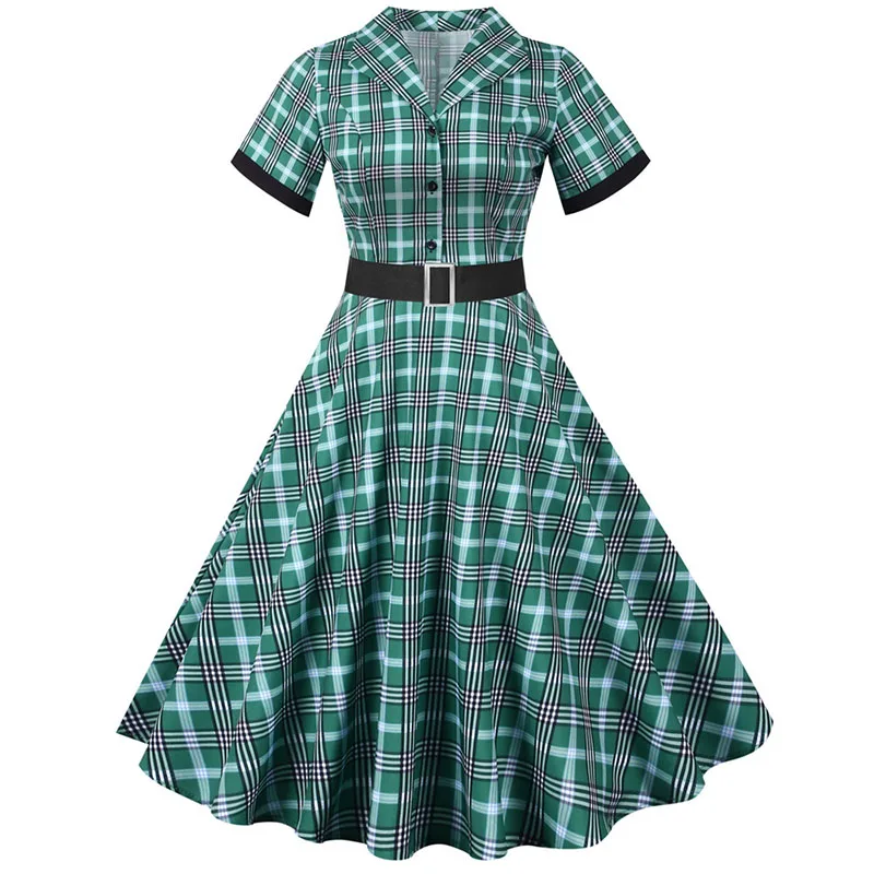 Notched Collar Plaid Print 50s Vintage Dress With Belt 2023 Summer Women Casual Slim Party Jurken Elegant Short Sleeve Clothing