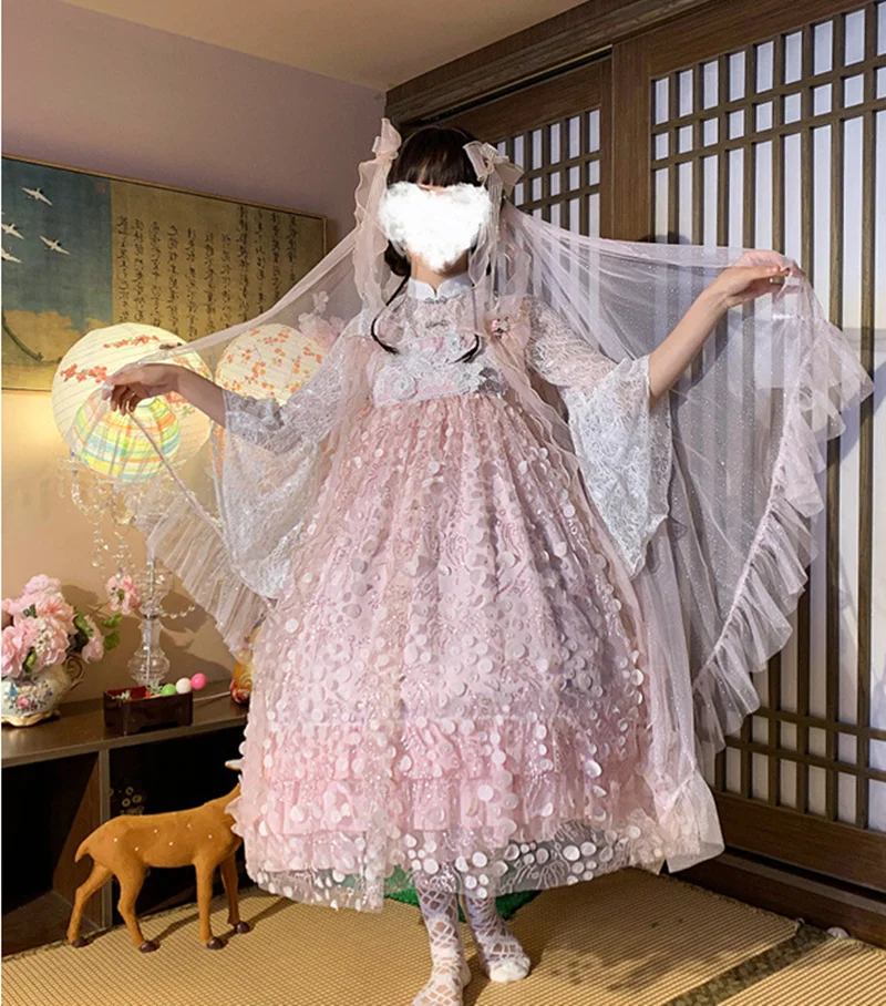 

Pink Sequin Fairy Lolita Princess Dress .Sweet princess lolita dress vintage lace bowknot peter pan collar high waist victorian
