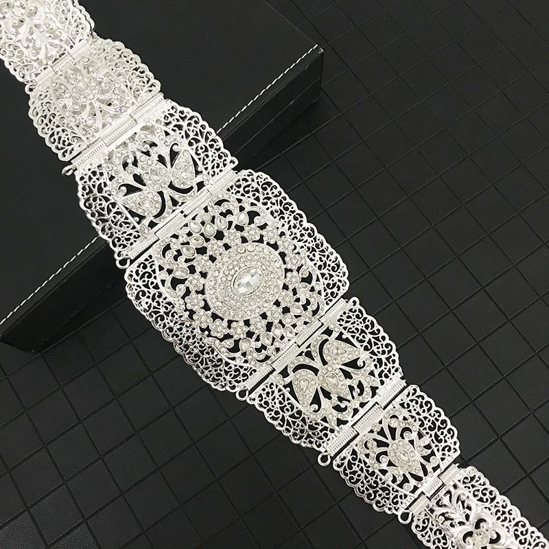 Big Size Moroccan Caftan Wedding Metal Belt For Women Bride Crystal Flower Hollow Waist Chian Algeria French Rose color Belt