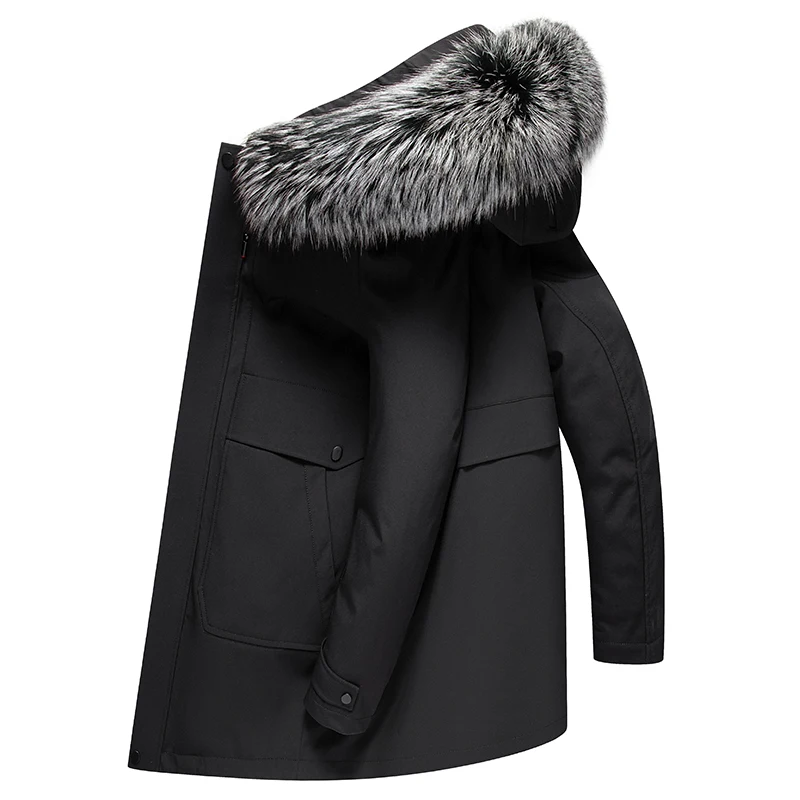 2025 جواكت شتوية الرجال الدافئة كبيرة الثعلب الفراء طوق معاطف سوداء جاكيتات للرجال منتصف طول معاطف الفراء في الهواء الطلق ، أحجام كبيرة M-4XL