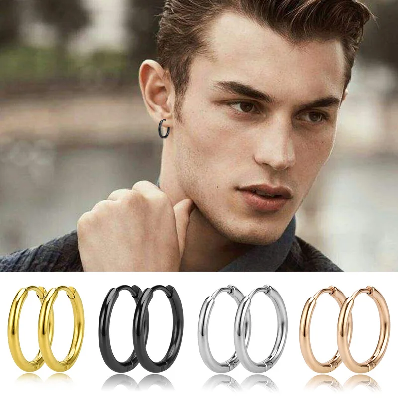 Brincos de argola pequenos em aço inoxidável para homens e mulheres, cor do ouro, círculo preto, anel grosso, Huggie Hoop Piercing, 2 peças por