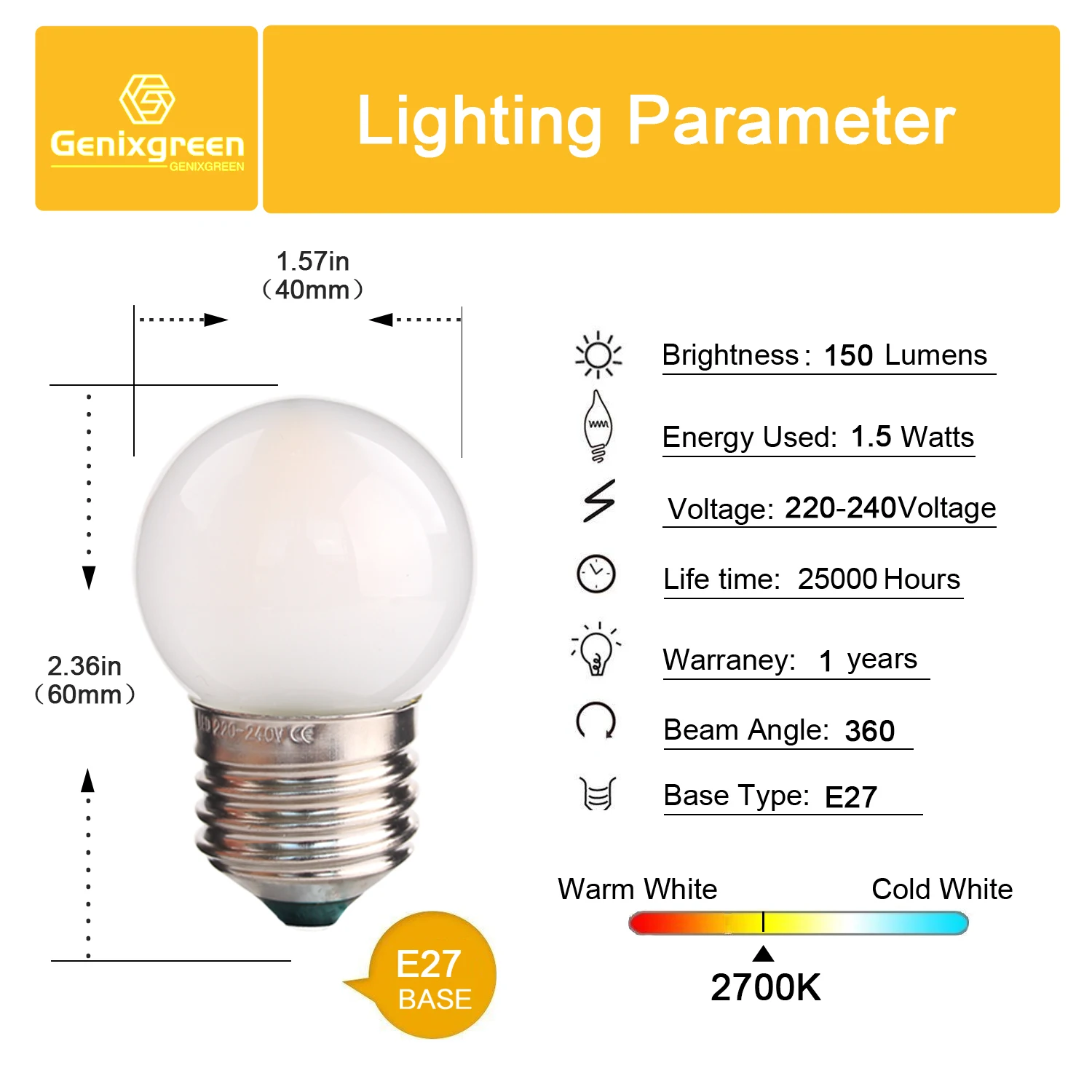 Imagem -02 - Ganriland-lâmpadas de Incandescência Fosco Mini Lâmpadas Corda de Poupança de Energia Branco Quente G40 1.5w 2700k E26 E27