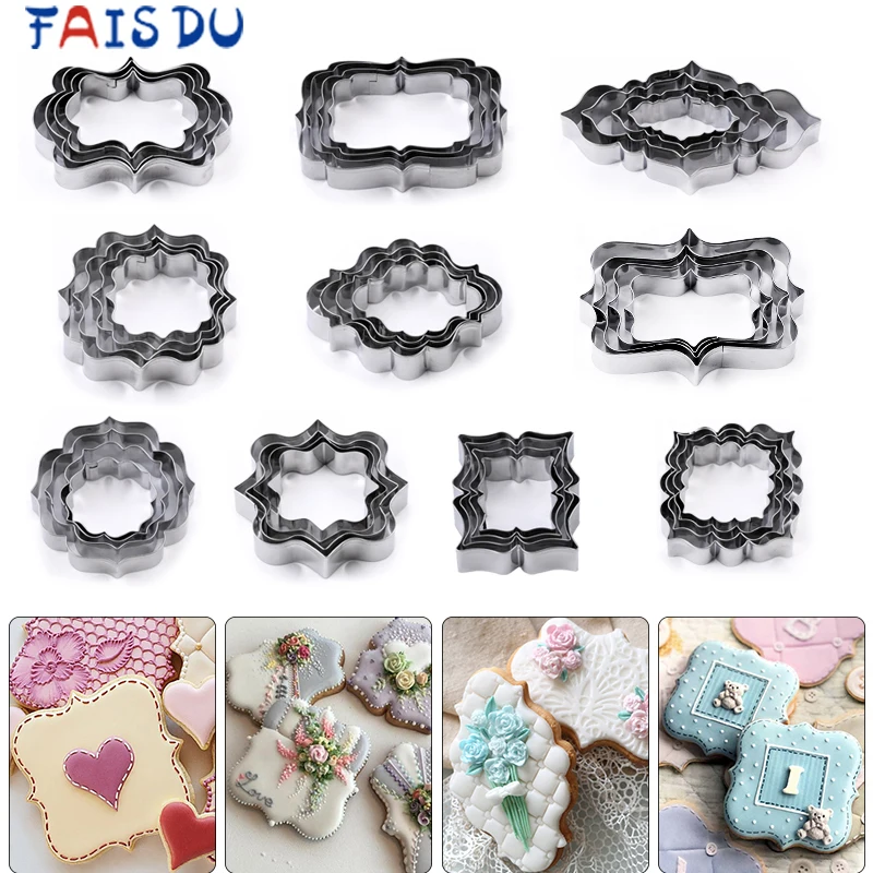 FAIS DU 4Pcs/Set Stainless Steel Fondant Mold Cookie Stamper Nameplate Wedding Biscuit Lace Circle Flower Frame Cake Decoration