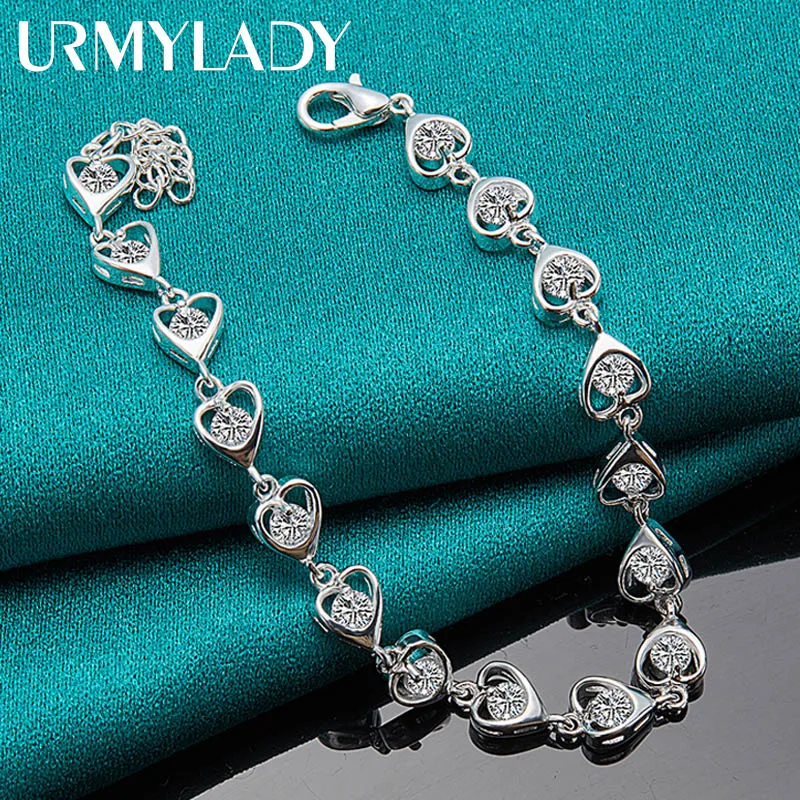 

URMYLADY 925 Sterling Silver Heart AAAAA Zircon Bracelet For Women Fashion Party Christmas Gift Jewelry