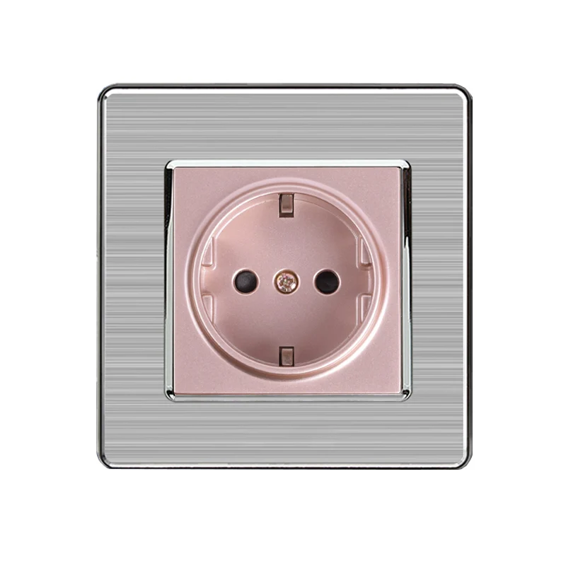 EU Standard Wall Socket Luxury Power Outlet Stainless Steel Brushed Silver Panel Electrical Plug