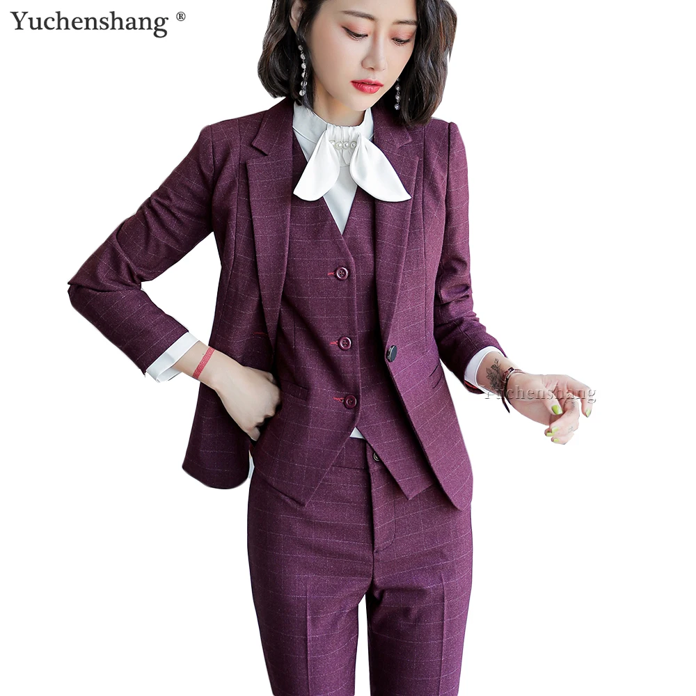 Business Work Career 3 Piece Women Pant Suit Plaid Blazer Vest and Trousers of High Quality Ladies Autumn Winter Formal Set