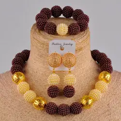 Majalia Nigerian Wedding African Wedding Plastic Bead Jewelry Set Brown and Champagne Necklace Bridal Jewelry Set sh-16