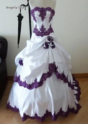 Vintage White And Purple Ball Gown Wedding Dresses Strapless Corset Ruched Gothic Bridal Gowns With Flowers Beaded Customized