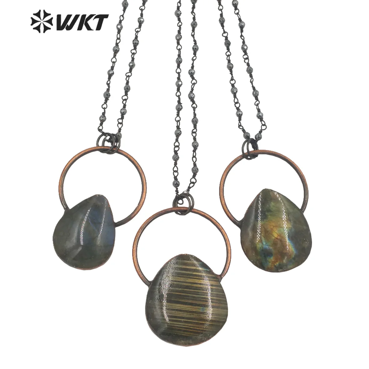 

WT-N1334 WKT Wholesale Natural Labradorite Stone Necklace Bronze Water Drop Shape Pendant Vintage Lady Necklace Jewelry Gift