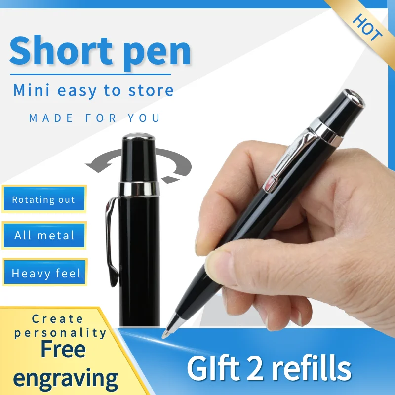 Short metal Ballpoint Pen High-end portable office signature pen Cute rotating refill in and out Spare 0.7mm black and blue core