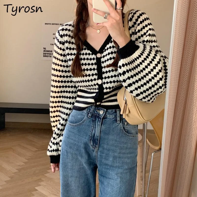 

Striped Cardigan Women All-match Design Panelled Button Up Outwear Retro Hong Kong Style Loose Long Sleeve Cropped Sweaters Lady