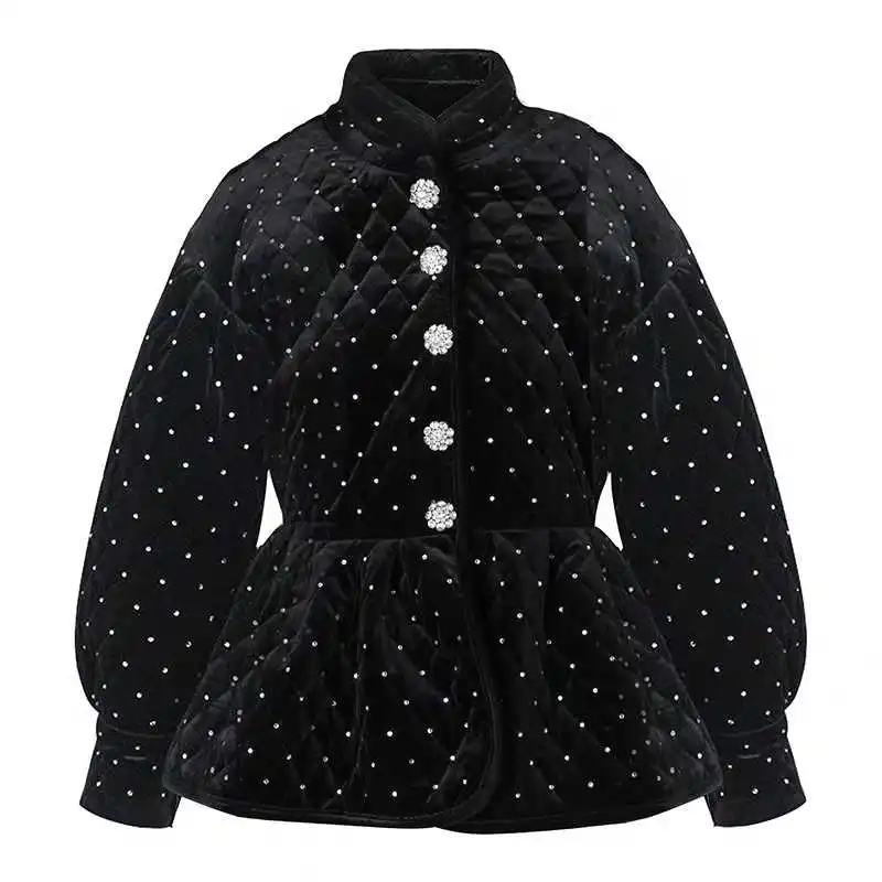 New design Women\'s Rhinestone Puffer jacket Autumn Winter Stand collar Diamonds Cotton padded Coat Slim Fashion INKEO 1O181