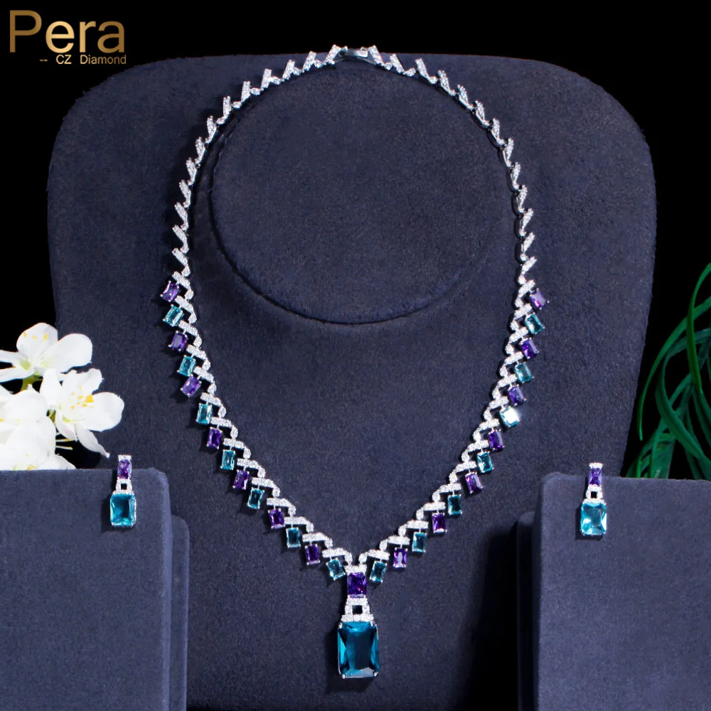 Pera Fabulous Big Square Drop Necklace Earrings Blue Purple Crystal Wedding Party Cubic Zirconia Jewelry Sets for Brides J510