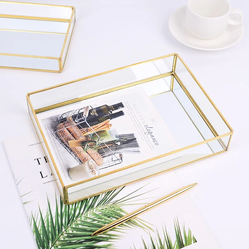 Glass Storage Tray Golden Jewelry Tray Northern Europe Organizer Box Modern Desktop Decoration Organizing Case Luxury Makeup Box