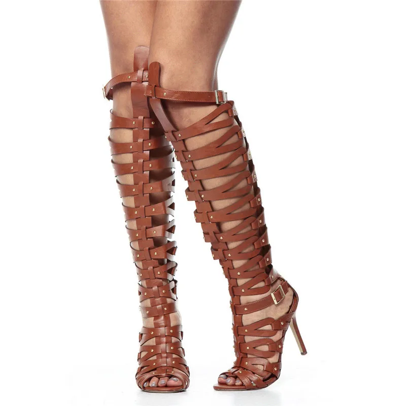 Fashion Women Over the Knee Gladiator Sandals Summer Brown High Heels Casual Dress Shoes Woman Roman Hollow Out Sandals 2020