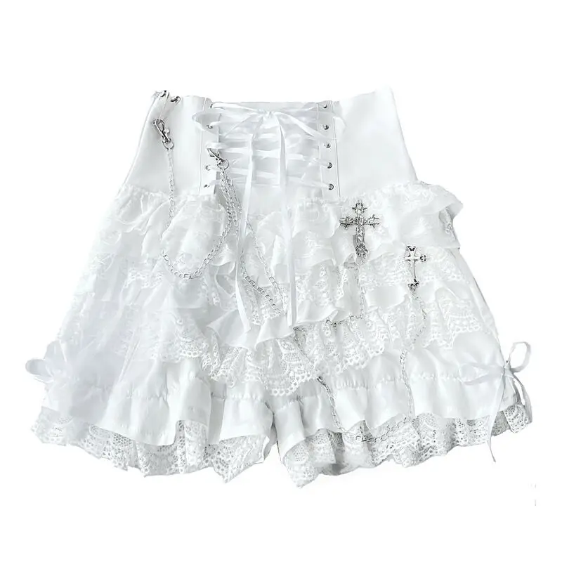 Original Design Gothic Punk Lace Pant Skirt Lace-up Cross Chain All Match Sweet Light Lolita Rock White Mini Skirt Pant Skirts