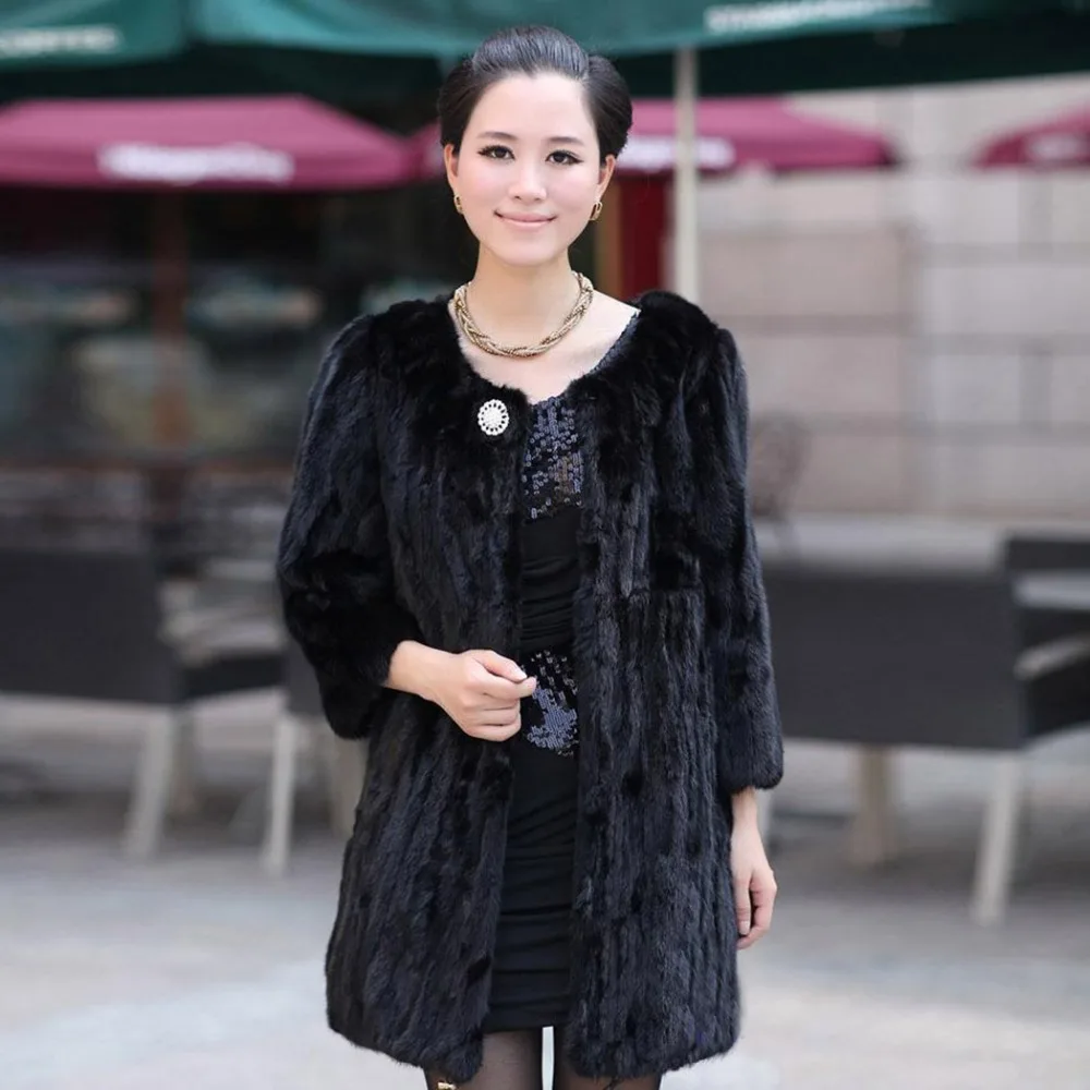 

Women's Real Mink Fur Overcoat Black Winter Luxury Patches Style Natural Mink Fur Coat Female Fur Story FS151186