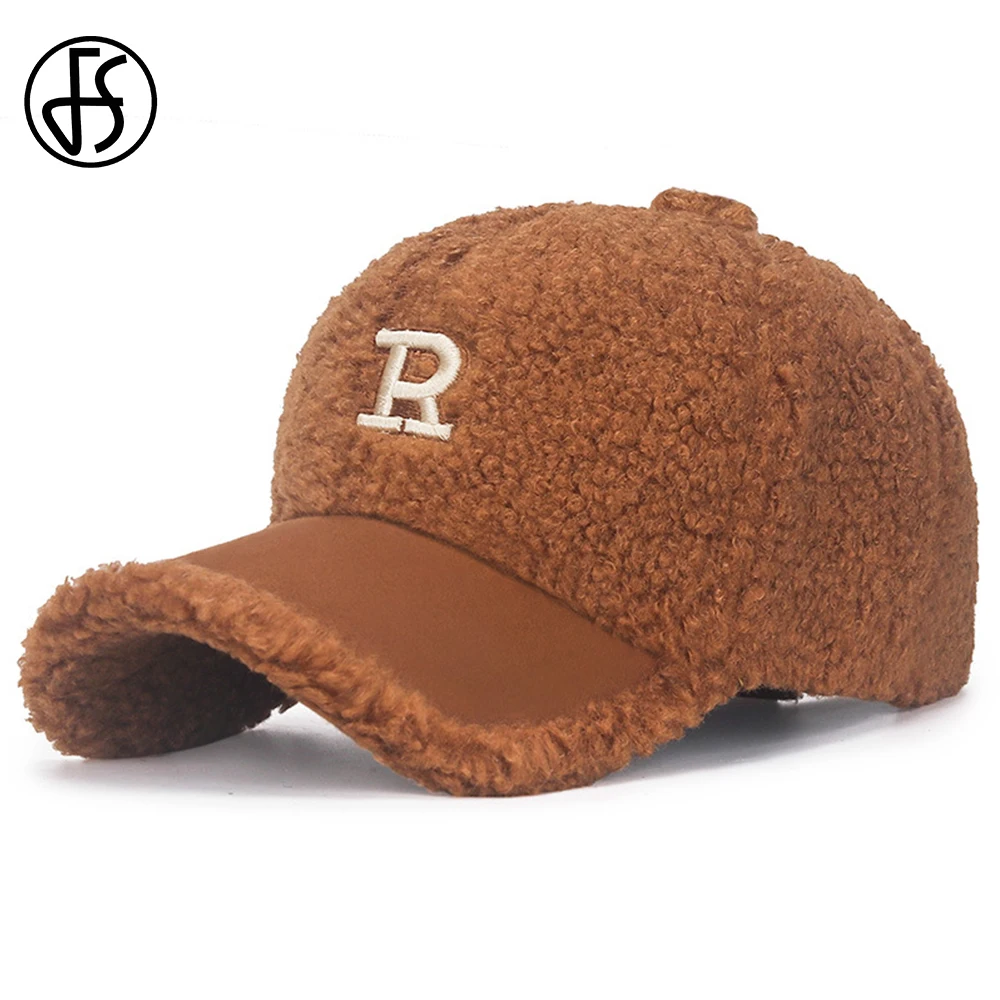 FS Brown Winter Lambswool Baseball Caps For Men Letter Embroidery Outdoor Trucker Hat Thick Warm Windproof Plush Women Cap Bone