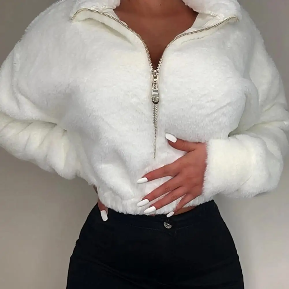 Women Sweatshirt Solid Color All Match Faux Fur Warm Waist Tight Pullover for Autumn Winter