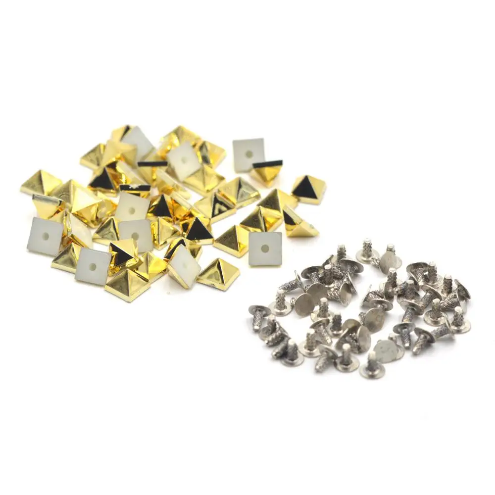 KALASO 100Sets Gold Plated Acrylic Pyramid Square Punk Studs Rivets Spikes for Shoes Bag Garment Decoration 6mm