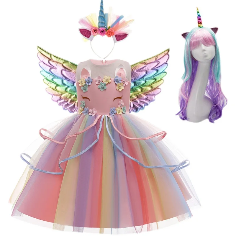 My Little Girls Dress Children Rainbow Unicorn Puffy Yarn Pony Birthday Party Princess Dress Kids anime halloween cosplay Dress