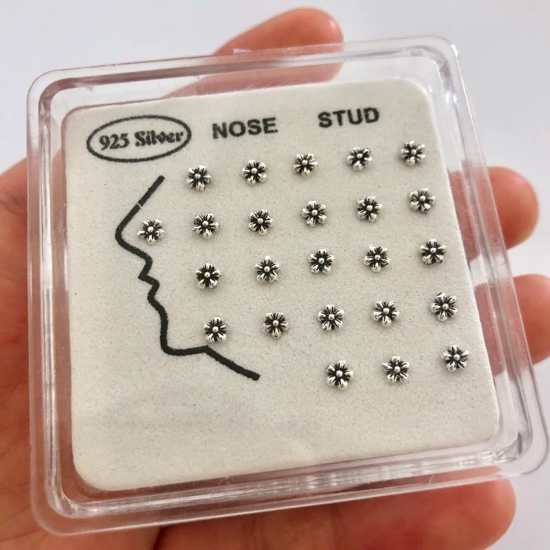 24pcs 925 Sterling Silver Vintage balck flower Nose Rings & Studs Piercing Jewelry For Women Wholesale New